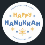 Pegatina Redonda "Hanukkah feliz" Amor y luz<br><div class="desc">Diseño festivo personalizado de Hanukkah.</div>