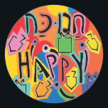 Pegatina Redonda Hanukkah Feliz Brillante Pegatinas Felices (1 1/2"<br><div class="desc">Hanukkah Feliz pegatina de Arte Brillante. Elija entre 1 pegatinas de 1/2" y 3". ¡Gracias por detenerse y por ir de compras! ¡Tu negocio es muy apreciado! ¡Feliz Hanukkah! Forma: Clásico Pegatina de redondeo Haz que tu estilo único se mantenga fiel creando pegatinas personalizados para cada ocasión! Puedes usarlas para...</div>