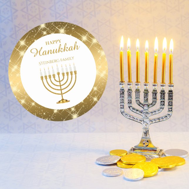 Pegatina Redonda Hanukkah judío del oro y la Menorah blanca (Subido por el creador)