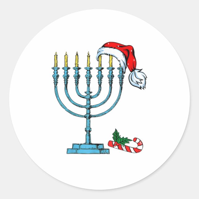 Pegatina Redonda Hanukkah Navidades Santa Hat Family Chr (Anverso)