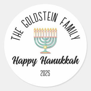 Pegatina Redonda Hanukkah nombre de familia personalizado de judío 