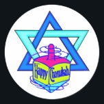 Pegatina Redonda Hanukkah Star of David<br><div class="desc">Feliz Hanukkah Star of David con un dreidel que dice "Feliz Chanukah" celebrando la festividad judía diversión y alegría.</div>