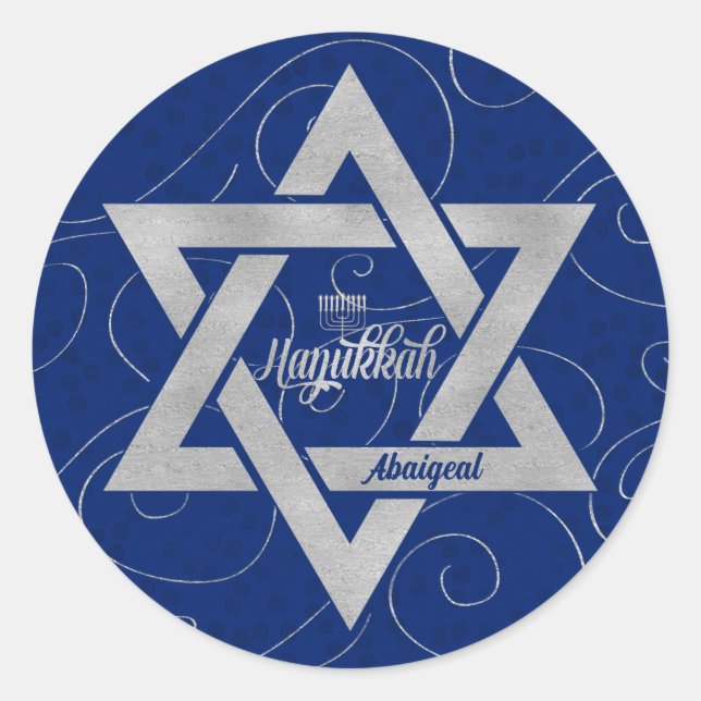Pegatina Redonda Hanukkah Star of David with Blue with Name (Anverso)