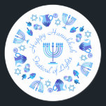 Pegatina Redonda Hanukkiah Feliz feriado judío en Hanukkah Menorah<br><div class="desc">Símbolo de Hanukkiah. Feliz Fiesta de Hanukkah Día de fiesta judía Menorah Azul. Decoración de Chanukkah de la festividad judía con el símbolo decorativo tradicional de Chanuka - color azul marino hanukkiah menorah, candelabro con velas, estrella de David y ilustracion de luces brillantes de neón azul. Decoración del evento del...</div>