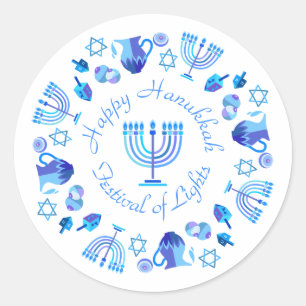 Pegatina Redonda Hanukkiah Feliz feriado judío en Hanukkah Menorah