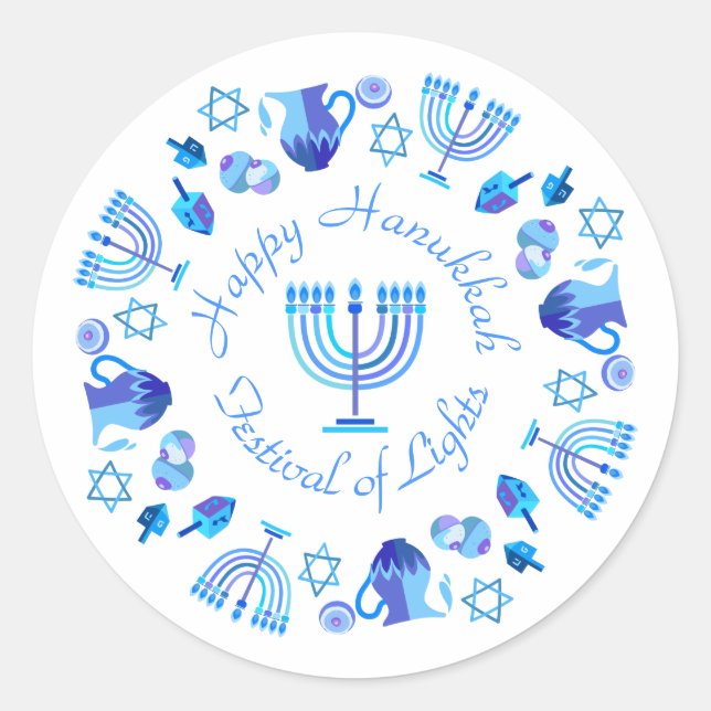Pegatina Redonda Hanukkiah Feliz feriado judío en Hanukkah Menorah (Anverso)