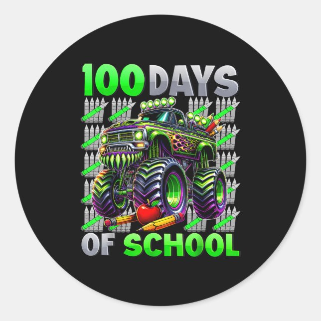 Pegatina Redonda Happy 100 Days Of School Funny Monster Truck Stude (Anverso)