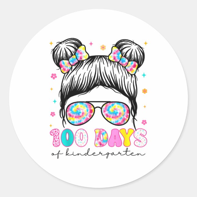 Pegatina Redonda Happy 100th Day Of Kindergarten Messy Bun 100 Days (Anverso)