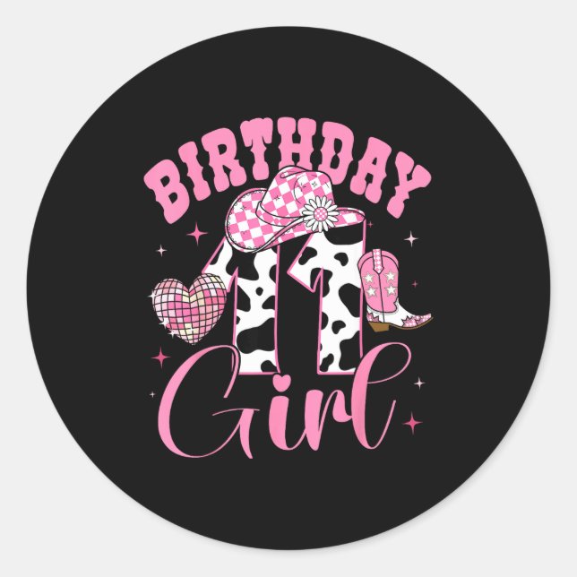 Pegatina Redonda Happy 11th Birthday Girl Outfit Rodeo Western Cowg (Anverso)