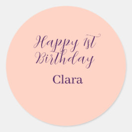 Pegatina Redonda Happy 1st birthday orange purple boho retro name 