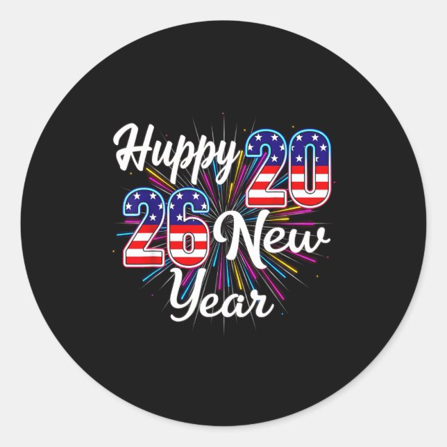 Pegatina Redonda Happy 2026 New Year Patriotic Fireworks Design Par (Anverso)
