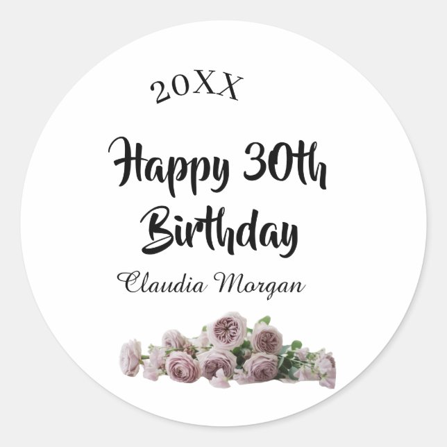 Pegatina Redonda Happy 30th birthday pink white mauve floral name y (Anverso)