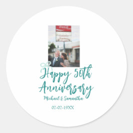 Pegatina Redonda Happy 50th anniversary photo turquoise bow name da