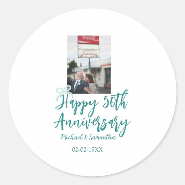 Pegatina Redonda Happy 50th anniversary photo turquoise bow name da (Anverso)