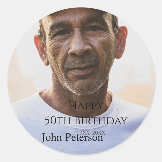 Pegatina Redonda Happy 50th birthday name photo year man simple min (Anverso)