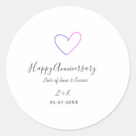 Pegatina Redonda Happy anniversary pink blue heart name date simple