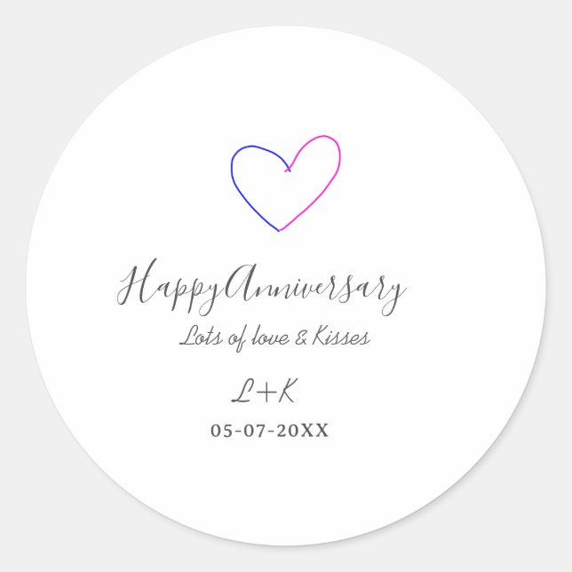Pegatina Redonda Happy anniversary pink blue heart name date simple (Anverso)
