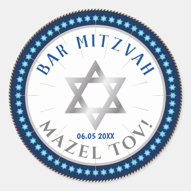 Pegatina Redonda Happy Bar Mitzvah 20XX Decorativo Azul (Anverso)