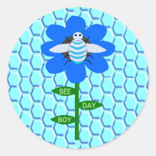 Pegatina Redonda Happy Bee Day Boy Blue Birthday Bumblebee