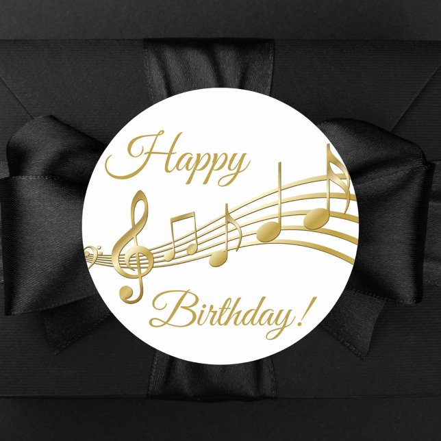 Pegatina Redonda Happy Birday gold music notes white (Subido por el creador)