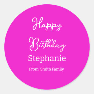 Pegatina Redonda Happy Birday Name Typography Modern Hot Pink