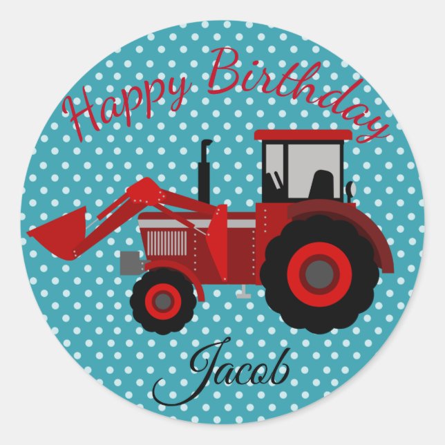 Pegatina Redonda Happy Birday Red Tractor (Anverso)