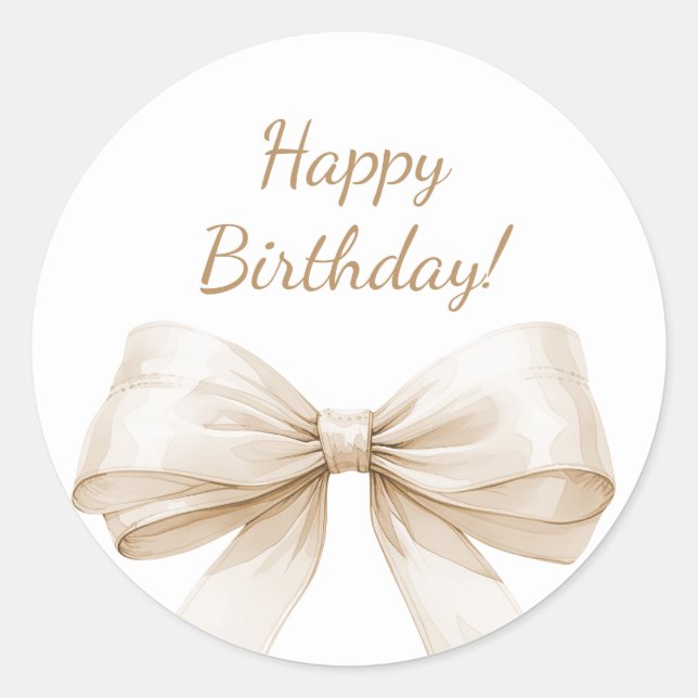 Pegatina Redonda Happy Birthday Bow Ivory Beige elegant (Anverso)