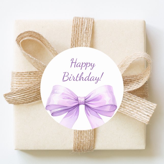 Pegatina Redonda Happy Birthday Bow Lavender elegant (Subido por el creador)
