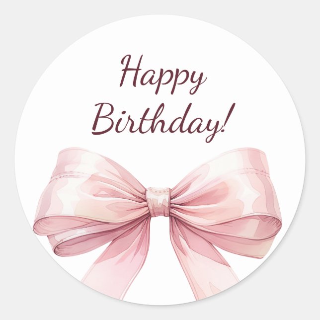 Pegatina Redonda Happy Birthday Bow Pink elegant (Anverso)