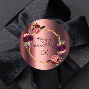 Pegatina Redonda Happy birthday floral burgundy gold metallic
