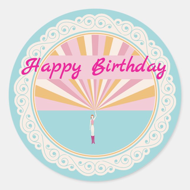 Pegatina Redonda Happy Birthday Fun Party Cup, Pink Rainbow (Anverso)