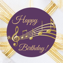 Happy Birthday gold music notes on elegante purple