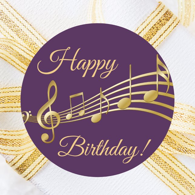 Pegatina Redonda Happy Birthday gold music notes on elegante purple (Subido por el creador)