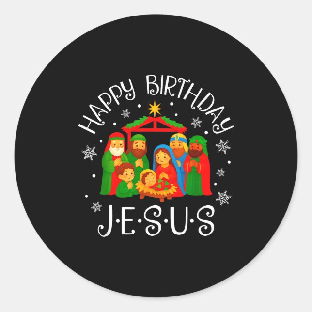 Pegatina Redonda Happy Birthday Jesus Christmas Pajamas Xmas Squad  (Anverso)