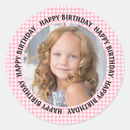 Pegatina Redonda Happy Birthday Photo Gingham Pink Girls 