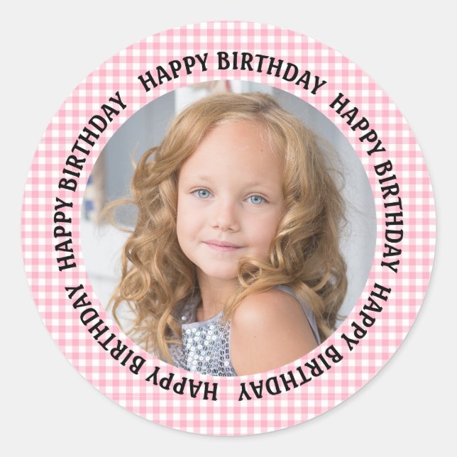 Pegatina Redonda Happy Birthday Photo Gingham Pink Girls  (Anverso)