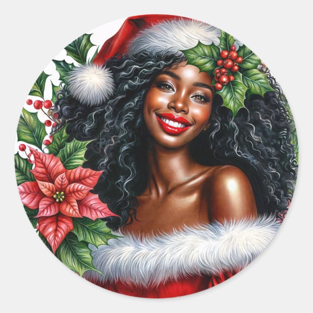 Pegatina Redonda Happy Black Woman Christmas (Anverso)