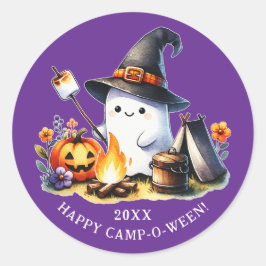 Pegatina Redonda Happy Camp-o-ween Ghost Camping Halloween Purple