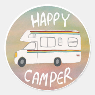 Pegatina Redonda Happy Camper Rainbow RV Sunset Motorhome RV