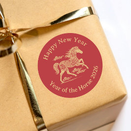 Pegatina Redonda Happy Chinese Lunar New Year of the Horse Red Gold