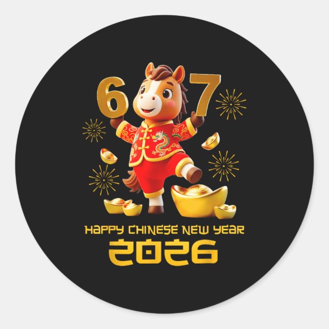 Pegatina Redonda Happy Chinese New Year 2026 Funny Horse 6 7 Meme 6 (Anverso)
