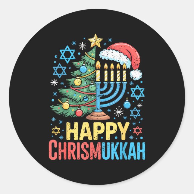 Pegatina Redonda Happy Chrismukkah Holiday Christmas And Hanukkah S (Anverso)