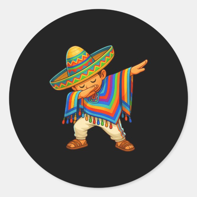 Pegatina Redonda Happy Cinco De Mayo Mexican Boy Dabbing Poncho Par (Anverso)