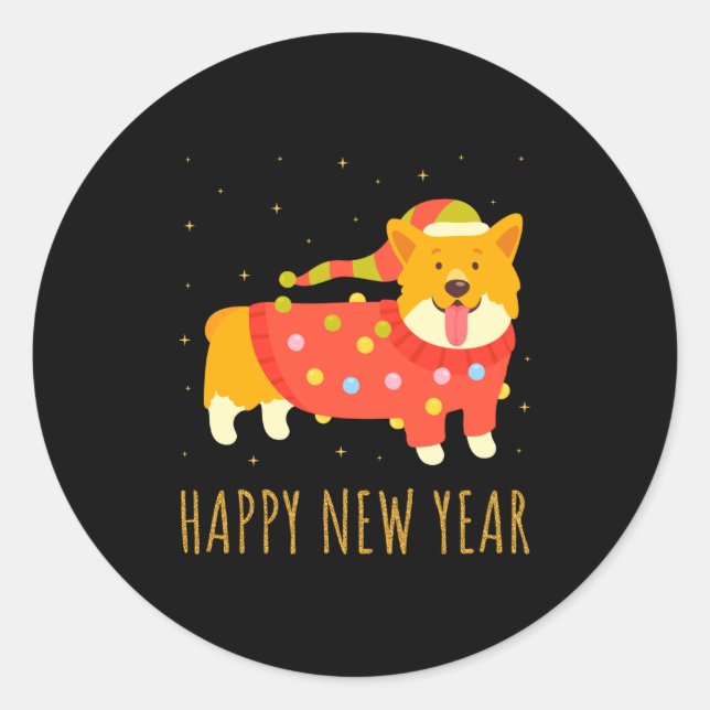 Pegatina Redonda Happy Dog Corgi Celebrating New Year Cozy Christma (Anverso)