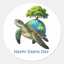 Pegatina Redonda Happy Earth Day Turtle Planet and Trees