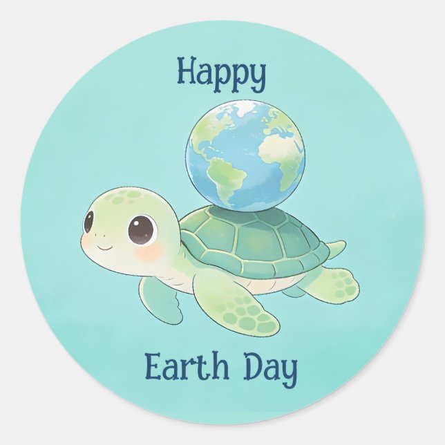 Pegatina Redonda Happy Earth Day Turtle with Globe (Anverso)