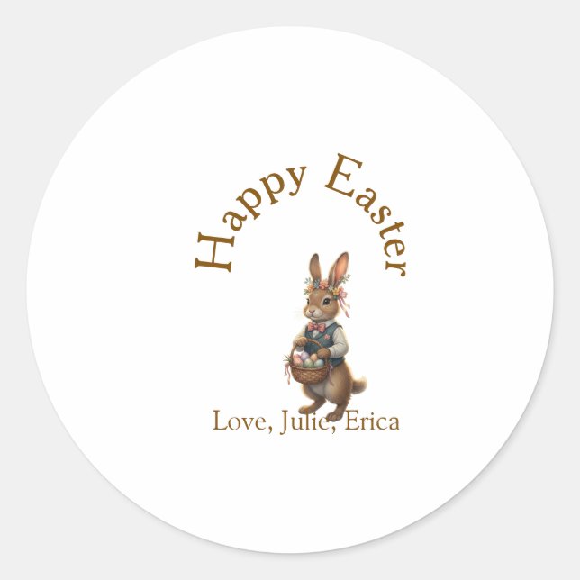 Pegatina Redonda Happy Easter brown bunny with eggs love add name  (Anverso)
