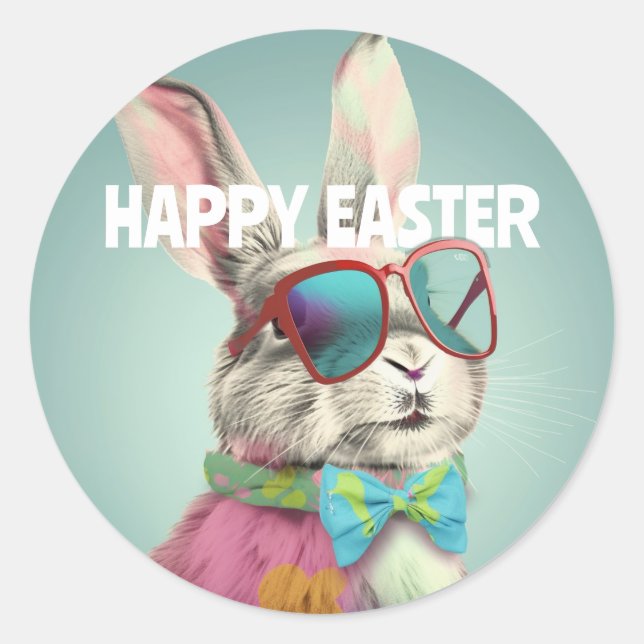 Pegatina Redonda Happy Easter Bunny with Sunglasses Funny (Anverso)
