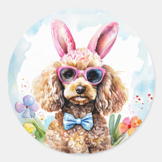 Pegatina Redonda Happy Easter Cute Bunny Poodle Watercolor Dog