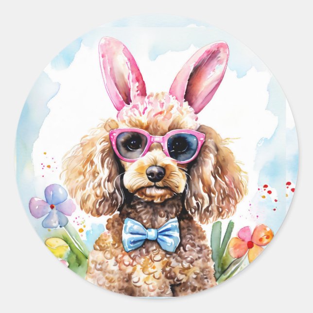 Pegatina Redonda Happy Easter Cute Bunny Poodle Watercolor Dog (Anverso)